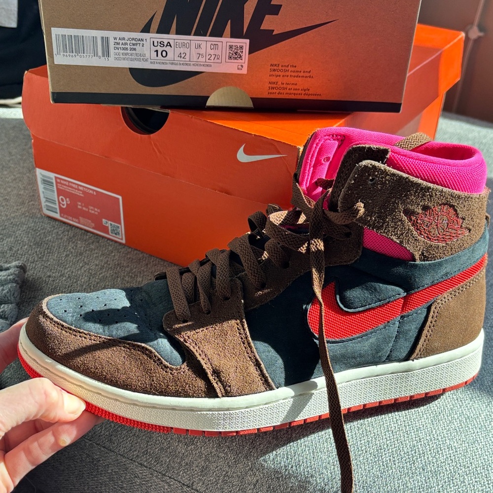 Nike Air Jordan High-Tops in Brown, Black, and Red